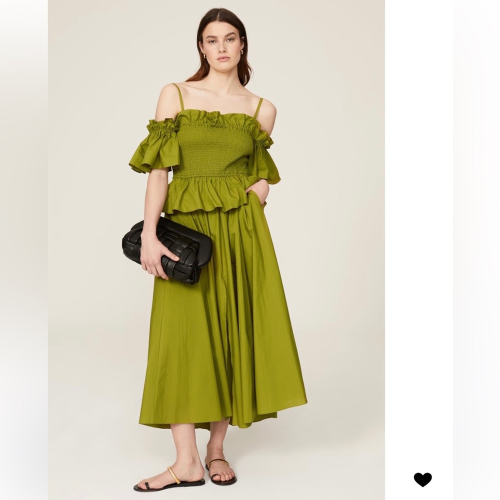 Toccin Dress: Green/Olive, Off-The-Shoulder, Spaghetti Strap, Smock Ruffle Tier